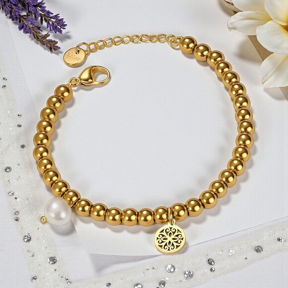 Boho Chic Mandala Pearl Charm Bracelet 18K Gold Plated 316L Stainless Steel - Picture 9 of 12